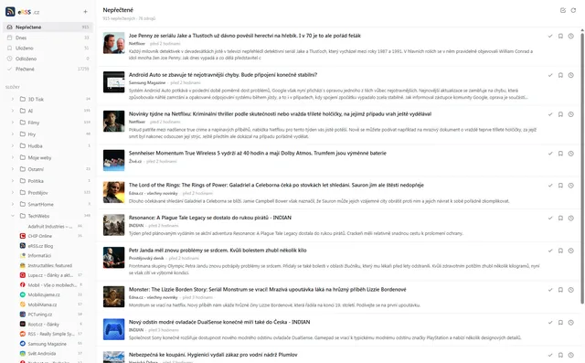 RSS čtečka eRSS.cz v kompaktních řádcích: nepřečtené články s náhledem, zdrojem a začátkem textu
