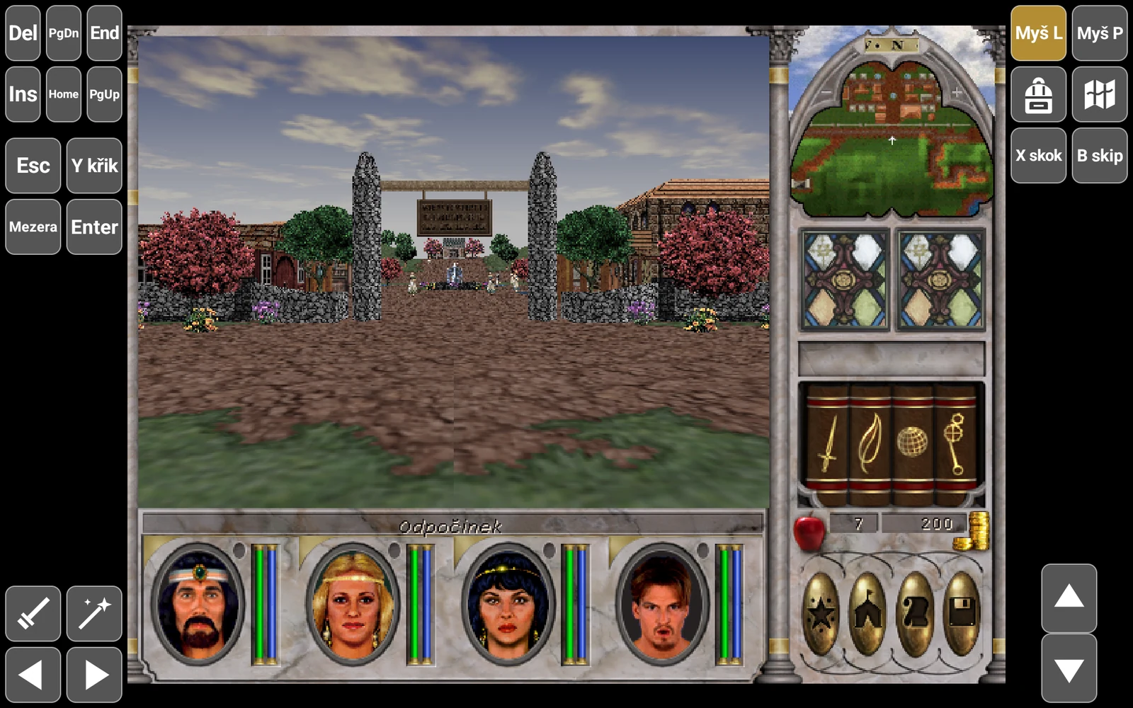 Might and Magic VI na tabletu, po stranách jsou širší pruhy s tlačítky a herní obraz je zúžený mezi ně