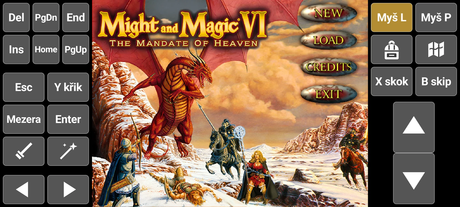 Hlavní menu Might and Magic VI na telefonu, po stranách jsou dotyková tlačítka
