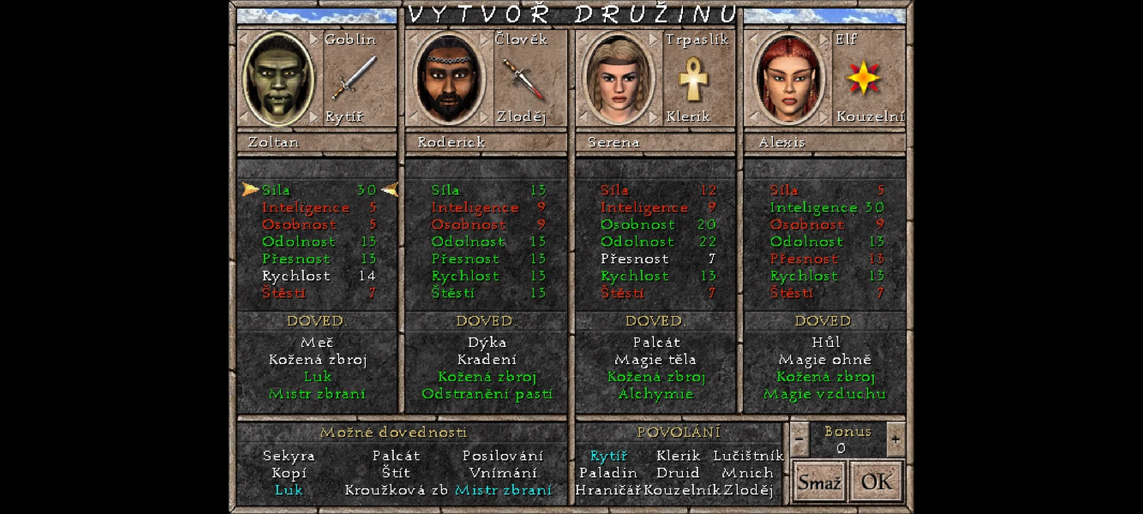 Tvorba družiny v Might and Magic VII česky, s diakritikou a českými názvy povolání