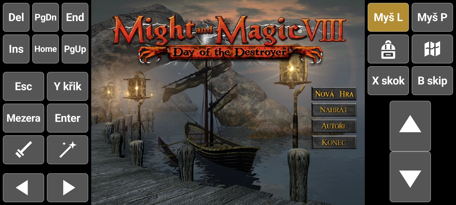 Hlavní menu Might and Magic VIII na telefonu, po stranách jsou dotyková tlačítka