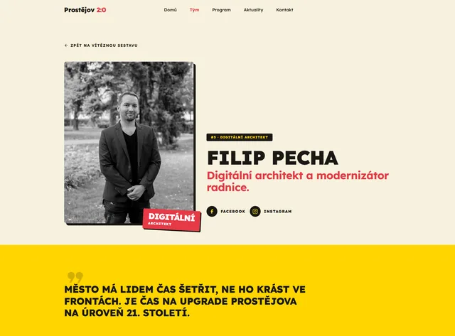 Profil člena týmu na webu Prostějov 2:0 s fotkou, rolí digitálního architekta a citátem o městě