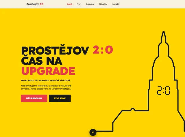 Úvodní stránka kampaně Prostějov 2:0: žluté pozadí, nápis Čas na upgrade a obrys radniční věže
