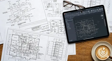 Úvodní obrázek webu V-PROJEKT: výkresy vzduchotechniky na stole a tablet s projektem otevřeným v CADu